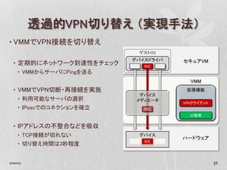 透過的VPN切り替え （実現手法）
• VMMでVPN接続を切り替え
                             ゲストOS
                           デバイスドライバ      セキュアVM
   • 定期的にネットワーク到達性をチェック    ATA NIC USB
      • VMMからサーバにPingを送る
                                           VMM
   • VMMでVPN切断・再接続を実施                     拡張機能
                             デバイス
      • 利用可能なサーバの選択         メディエータ
                                         VPNクライアント
      • IPsecでのコネクションを確立       NIC
                                           ID管理


   • IPアドレスの不整合などを吸収
      • TCP接続が切れない            デバイス
                                         ハードウェア
                           ATA NIC USB
      • 切り替え時間は3秒程度


2010/11/2                                            32
 
