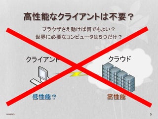 高性能なクライアントは不要？
              ブラウザさえ動けば何でもよい？
             世界に必要なコンピュータは５つだけ？



            クライアント          クラウド




2010/11/2                          5
 