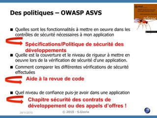 Des politiques – OWASP ASVS
  Quelles sont les fonctionnalités à mettre en oeuvre dans les
contrôles de sécurité nécessaires à mon application

Spécifications/Politique de sécurité des
développements

  Quelle est la couverture et le niveau de rigueur à mettre en
oeuvre lors de la vérification de sécurité d'une application.
  Comment comparer les différentes vérifications de sécurité
effectuées

Aide à la revue de code
  Quel niveau de confiance puis-je avoir dans une application

Chapitre sécurité des contrats de
développement ou des appels d’offres !
29/11/2010

© 2010 - S.Gioria

 