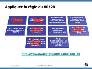 Appliquez la règle du 80/20

http://www.owasp.org/index.php/Top_10

29/11/2010

© 2010 - S.Gioria

 