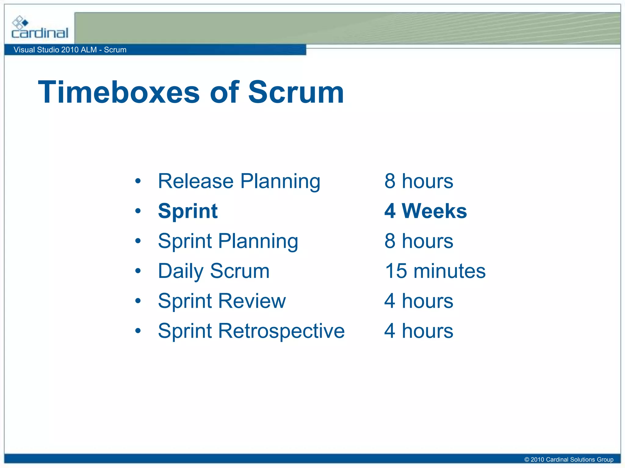Visual Studio 2010 ALM - Scrum
• Release Planning 8 hours
• Sprint 4 Weeks
• Sprint Planning 8 hours
• Daily Scrum 15 minutes
• Sprint Review 4 hours
• Sprint Retrospective 4 hours
Timeboxes of Scrum
© 2010 Cardinal Solutions Group
 