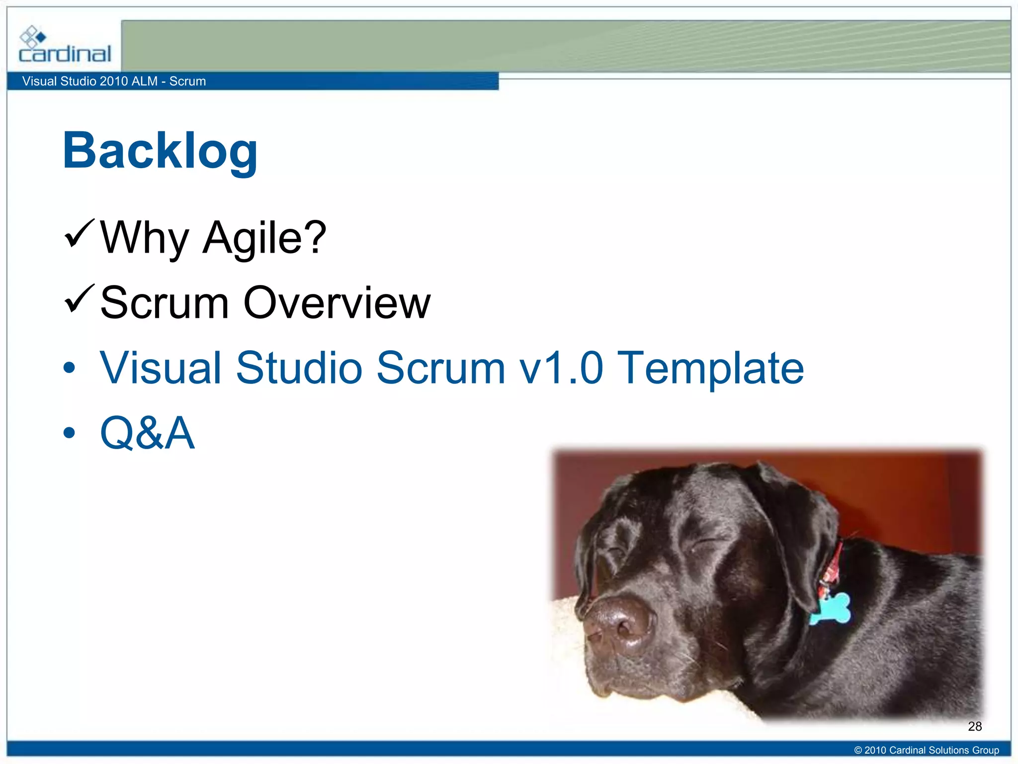 Visual Studio 2010 ALM - Scrum
Backlog
Why Agile?
Scrum Overview
• Visual Studio Scrum v1.0 Template
• Q&A
© 2010 Cardinal Solutions Group
28
 
