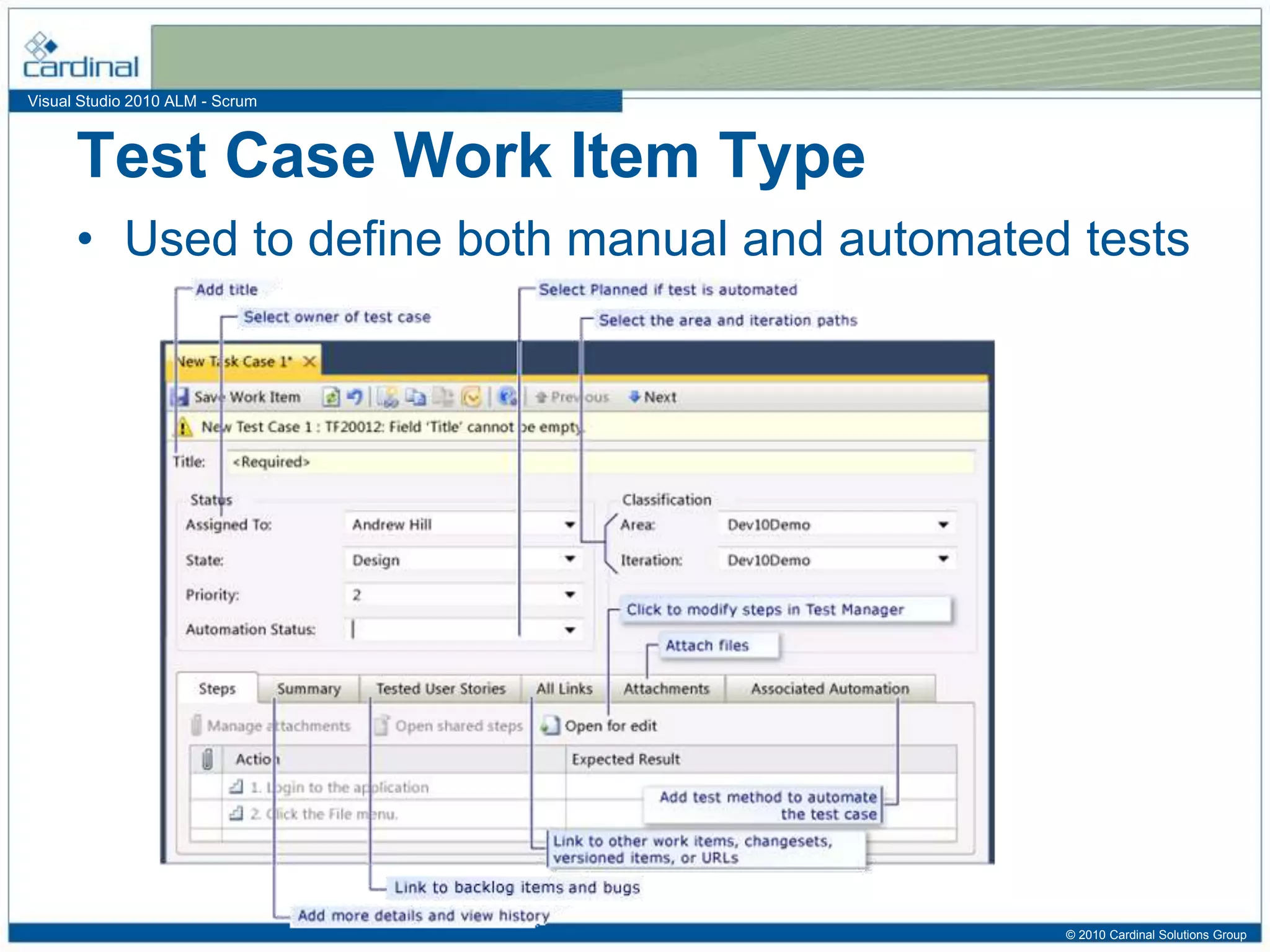 Visual Studio 2010 ALM - Scrum
Test Case Work Item Type
• Used to define both manual and automated tests
© 2010 Cardinal Solutions Group
 