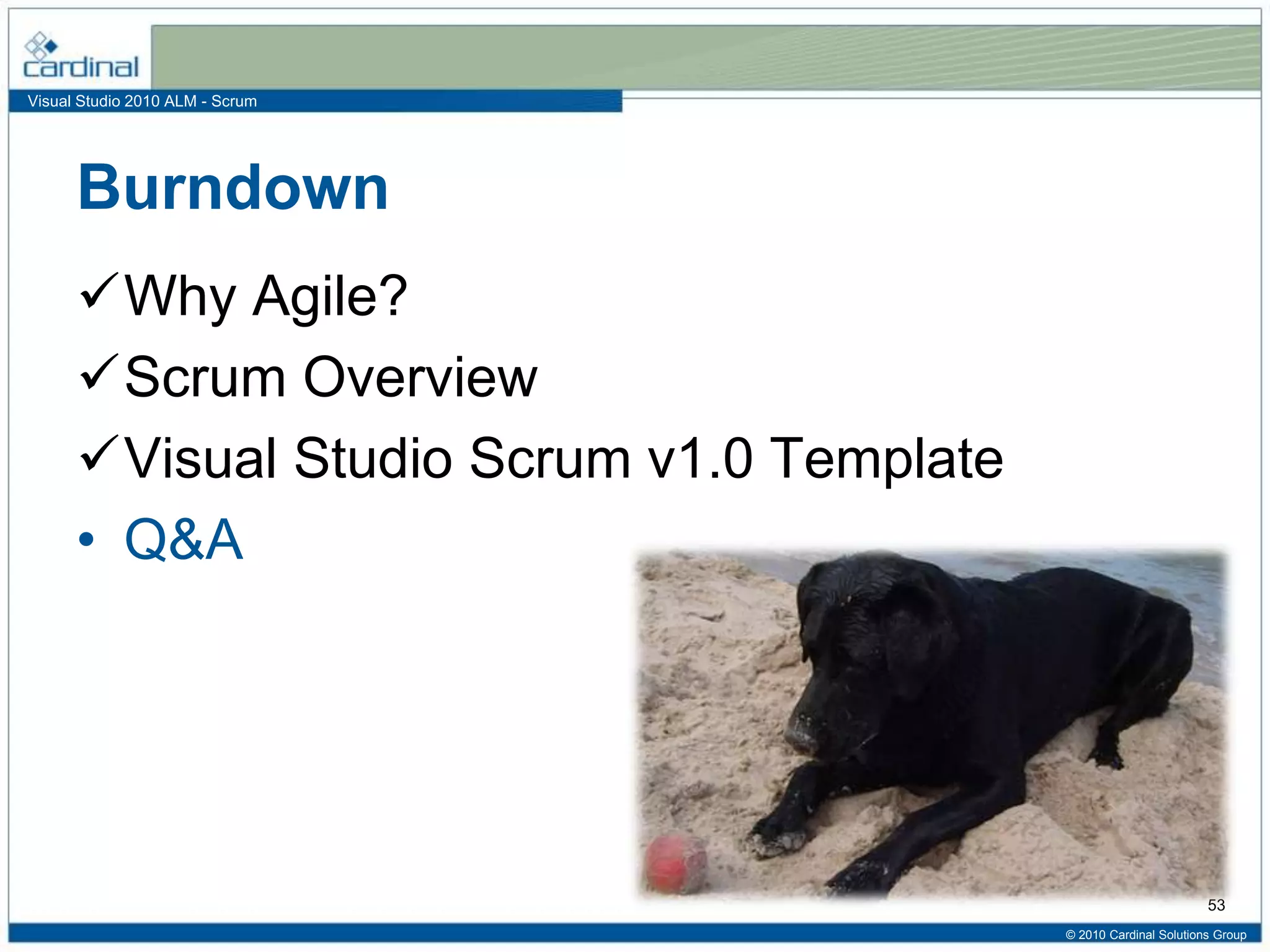 Visual Studio 2010 ALM - Scrum
Burndown
Why Agile?
Scrum Overview
Visual Studio Scrum v1.0 Template
• Q&A
© 2010 Cardinal Solutions Group
53
 