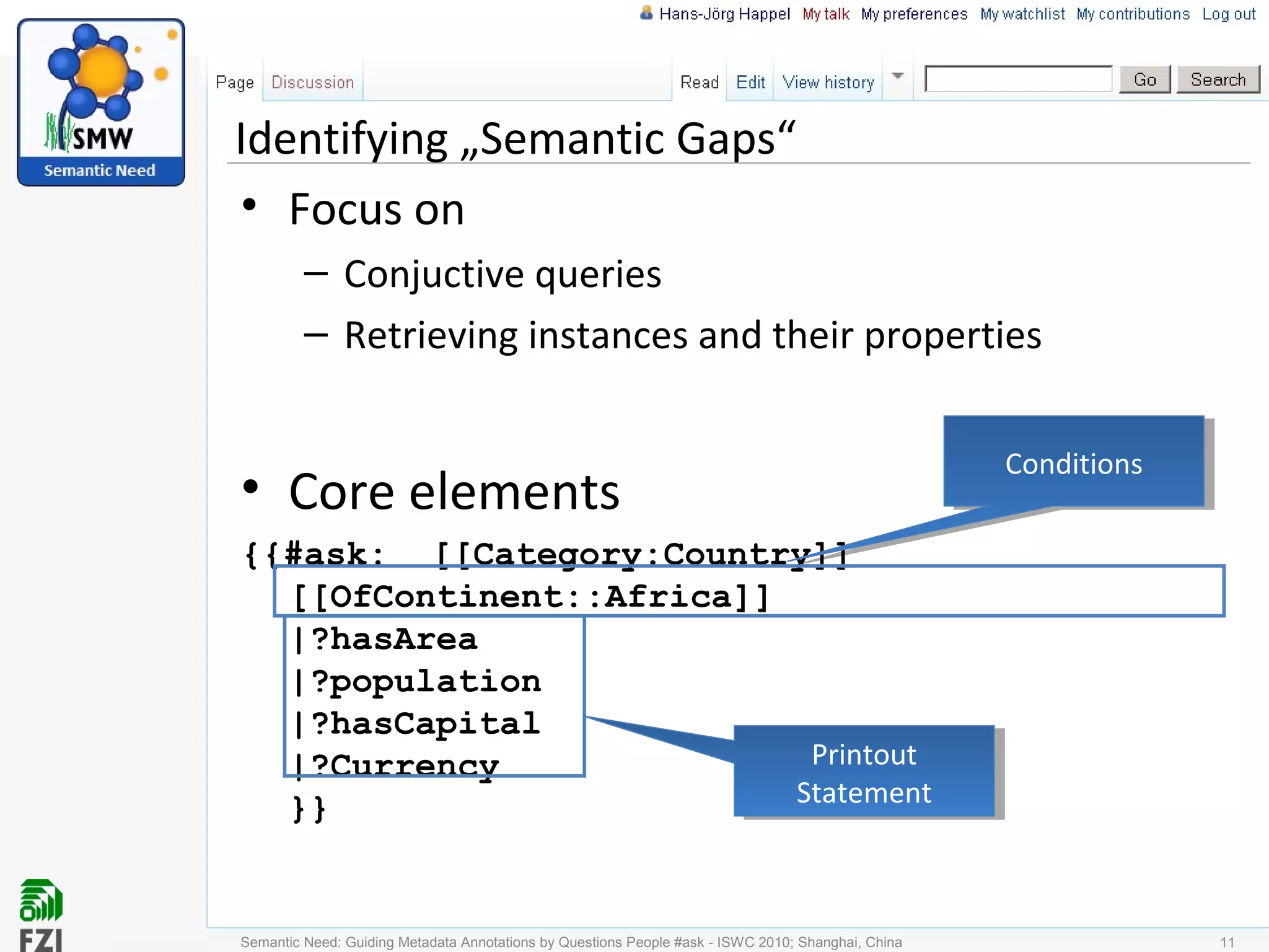 Identifying „Semantic Gaps“
• Focus on
– Conjuctive queries
– Retrieving instances and their properties
• Core elements
{{#ask: [[Category:Country]]
[[OfContinent::Africa]]
|?hasArea
|?population
|?hasCapital
|?Currency
}}
Semantic Need: Guiding Metadata Annotations by Questions People #ask - ISWC 2010; Shanghai, China 11
Printout
Statement
Printout
Statement
ConditionsConditions
 