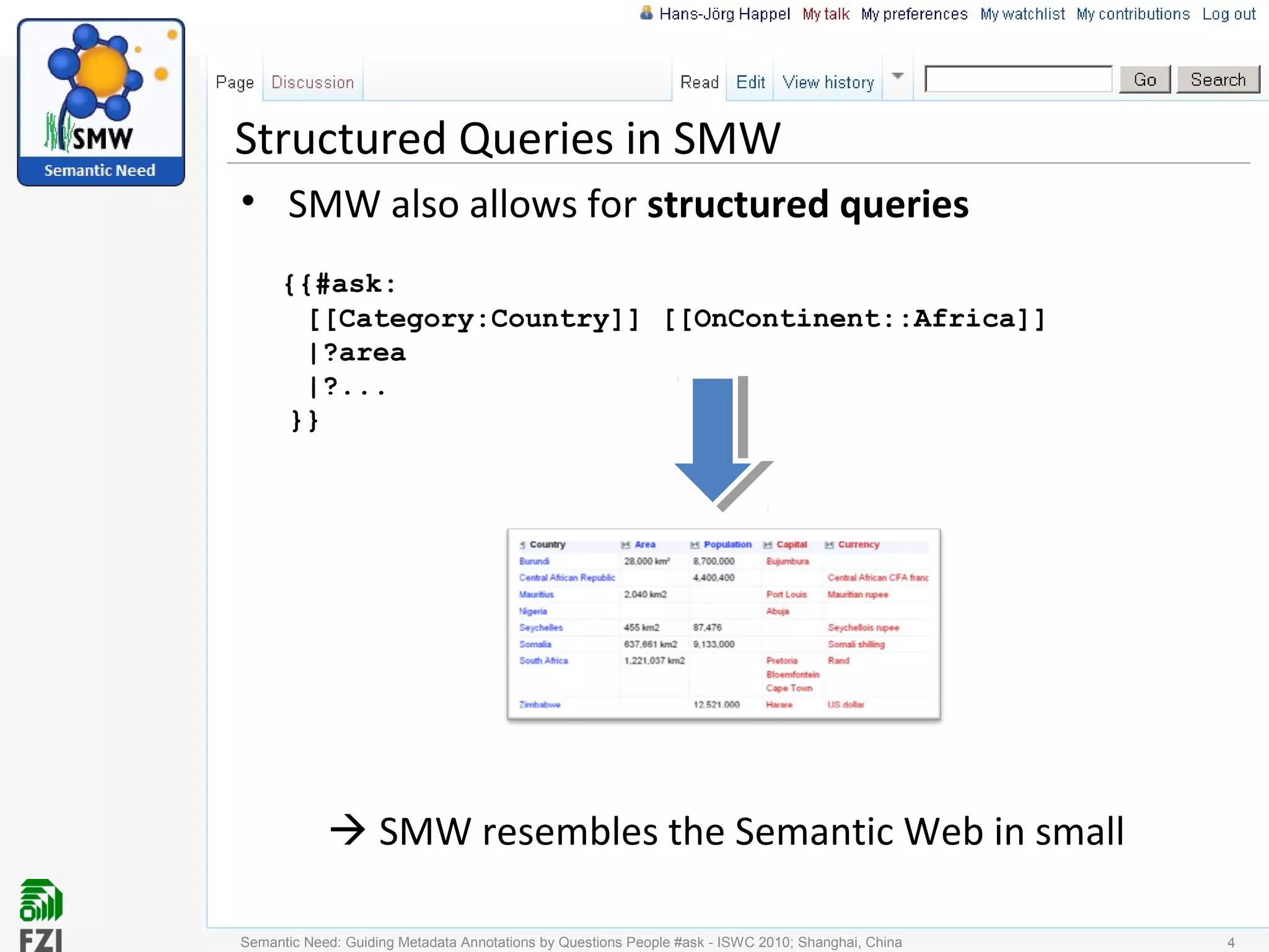 Structured Queries in SMW
• SMW also allows for structured queries
{{#ask:
[[Category:Country]] [[OnContinent::Africa]]
|?area
|?...
}}
Semantic Need: Guiding Metadata Annotations by Questions People #ask - ISWC 2010; Shanghai, China 4
 SMW resembles the Semantic Web in small
 