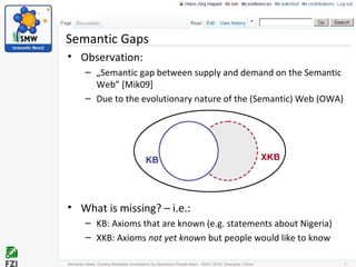 Semantic Gaps
• Observation:
– „Semantic gap between supply and demand on the Semantic
Web” [Mik09]
– Due to the evolutionary nature of the (Semantic) Web (OWA)
• What is missing? – i.e.:
– KB: Axioms that are known (e.g. statements about Nigeria)
– XKB: Axioms not yet known but people would like to know
Semantic Need: Guiding Metadata Annotations by Questions People #ask - ISWC 2010; Shanghai, China 7
 