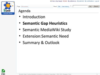 Agenda
• Introduction
• Semantic Gap Heuristics
• Semantic MediaWiki Study
• Extension:Semantic Need
• Summary & Outlook
Semantic Need: Guiding Metadata Annotations by Questions People #ask - ISWC 2010; Shanghai, China 9
 