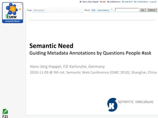 Semantic Need
Guiding Metadata Annotations by Questions People #ask
Hans-Jörg Happel, FZI Karlsruhe, Germany
2010-11-09 @ 9th Int. Semantic Web Conference (ISWC 2010), Shanghai, China
 