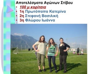 Αποτελέσματα Αγώνων Στίβου 100 μ κορίτσια 1η  Πρωτόπαπα Κατερίνα 2η  Στεφανή Βασιλική 3η  Φλώρου Ιωάννα 