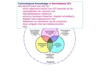 Technological Knowledge in Kennisbasis ICT
•De docent toont aan dat hij:
    •over algemene kennis van ICT beschikt en de
    vaardigheden ten aanzien van
    •bestandsbeheer beheerst;
    •diverse hardware (beamer, digitaal
    schoolbord, digitale foto/videocamera) kan
    •bedienen en aansluiten op de computer;
    •kan omgaan met een tekstverwerker;
    •etc.
 