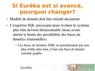 Si Eurêka est si avancé,
pourquoi changer?
 Modèle de donnée doit être orienté document
 L'expertise SQL nécessaire pour évoluer le système 
plus loin devient déraisonnable (nous avons 
atteint la limite des possibilités des bases de 
données relationelles)
 Les bases de données XML ne permettraient pas non 
plus d'aller plus loin, il faut une base de donnée 
orientée graphe
 