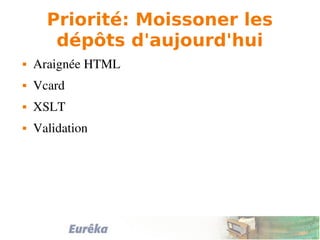 Priorité: Moissoner les
dépôts d'aujourd'hui
 Araignée HTML
 Vcard
 XSLT
 Validation
 