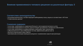 Влияние применяемого типового решения на различные факторы 3  Снижение издержек отсутствие  необходимости содержания большого числа администраторов в штате отсутствие необходимости покупать дорогостоящее программное и аппаратное обеспечение отсутствие необходимости модернизировать имеющийся парк компьютеров гибкая возможность масштабирования системы  (увеличение рабочих мест) быстрота подключения новых офисов максимальная утилизация имеющихся ресурсов с применением средств виртуализации Соответствие законодательству построение архитектуры, соответствующей необходимому классу защиты в соответствии с ФЗ-152 «О персональных данных» 