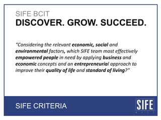 SIFE BCIT,[object Object],DISCOVER. GROW. SUCCEED. ,[object Object],“Consideringthe relevant economic, social and environmental factors, which SIFE team most effectively empowered people in need by applying business and economic concepts and an entrepreneurial approach to improve their quality of life and standard of living?”,[object Object],SIFE CRITERIA,[object Object]