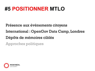#2 ATTENTION DES  MÉDIAS Up Against City Hall – Concordia (english) 12/11/2010 Dishing out the Dirt: Montreal restaurant information – CTV (english) 11/11/2010 Open Source City – Spacing Montreal (english) 09/10/2010 Gouvernement 2.0 - VOX TV TVA (francais) 05/10/2010 Quinte de tout - CyberPresse (francais) 24/09/2010 Montréal ville ouverte ? Pas encore (abonnement requis) – Lien Multimédia 13/09/2010 Entrevue sur CBC Radio Daybreak - CBC (anglais) 09/09/2010 Hot Data – Montréal Ouvert wants the city’s facts and figures in open format – The Mirror (anglais) 03/09/2010 Reports from the Citizen Media Rendez-Vous: Montreal Ouvert – Mediaville  25/08/2010 (anglais) Group calls on Montreal to join open-data mouvement The Gazette 23/08/2010 (anglais) CJAD 800 News 24/08/2010 (anglais) Entrevue avec l’équipe de Montréal Ouvert – Next Montreal  20/08/2010 (francais) The Hour 19/08/2010 (anglais) 