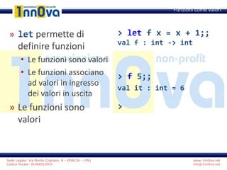 www.1nn0va.net
info@1nn0va.net
Sede Legale: Via Monte Coglians, 8 – PORCIA – (PN)
Codice fiscale: 91068510931
» let permette di
definire funzioni
• Le funzioni sono valori
• Le funzioni associano
ad valori in ingresso
dei valori in uscita
» Le funzioni sono
valori
Funzioni come valori
> let f x = x + 1;;
val f : int -> int
> f 5;;
val it : int = 6
>
 