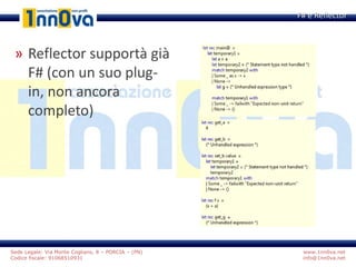 www.1nn0va.net
info@1nn0va.net
Sede Legale: Via Monte Coglians, 8 – PORCIA – (PN)
Codice fiscale: 91068510931
» Reflector supportà già
F# (con un suo plug-
in, non ancora
completo)
F# e Reflector
 