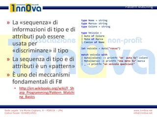www.1nn0va.net
info@1nn0va.net
Sede Legale: Via Monte Coglians, 8 – PORCIA – (PN)
Codice fiscale: 91068510931
» La «sequenza» di
informazioni di tipo e di
attributi può essere
usata per
«discriminare» il tipo
» La sequenza di tipo e di
attributi è un «pattern»
» È uno dei meccanismi
fondamentali di F#
• http://en.wikibooks.org/wiki/F_Sh
arp_Programming/Pattern_Matchi
ng_Basics
Pattern Matching
type Nome = string
type Marca= string
type Colore = string
type Veicolo =
| Auto of Colore
| Moto of Marca
| Camion of Nome
let veicolo = Auto("rossa")
match veicolo with
| Auto(colore) -> printfn "Un' auto %s" colore
| Moto(marca) -> printfn "Una moto %s" marca
| _ -> printfn "un veicolo qualsiasi"
 