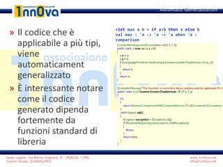 www.1nn0va.net
info@1nn0va.net
Sede Legale: Via Monte Coglians, 8 – PORCIA – (PN)
Codice fiscale: 91068510931
» Il codice che è
applicabile a più tipi,
viene
automaticament
generalizzato
» È interessante notare
come il codice
generato dipenda
fortemente da
funzioni standard di
libreria
Automatic Generalization
>let max a b = if a>b then a else b
val max : 'a -> 'a -> 'a when 'a :
comparison
 