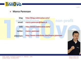 www.1nn0va.net
info@1nn0va.net
Sede Legale: Via Monte Coglians, 8 – PORCIA – (PN)
Codice fiscale: 91068510931
blog:
email:
web:
twitter:
slideshare:
Link
» Marco Parenzan
http://blog.codeisvalue.com/
marco.parenzan@libero.it
http://www.codeisvalue.com/
marco_parenzan
http://www.slideshare.com/marco.parenzan
 