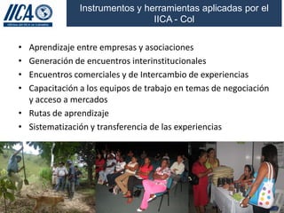 Instrumentos y herramientas aplicadas por el
                                IICA - Col

• Aprendizaje entre empresas y asociaciones
• Generación de encuentros interinstitucionales
• Encuentros comerciales y de Intercambio de experiencias
• Capacitación a los equipos de trabajo en temas de negociación
  y acceso a mercados
• Rutas de aprendizaje
• Sistematización y transferencia de las experiencias
 