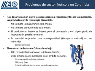 Problemas de sector frutícola en Colombia


• Hay desarticulación entre las necesidades o requerimientos de los mercados,
  los productores y la tecnología disponible.
   – No siempre lo más grande es lo mejor.
   – No siempre producir más es lo mejor.
   – El producto en fresco es bueno pero el procesado o con algún grado de
      intervención podría ser mejor.
   – Es esencial responder con homogeneidad (tiempo y calidad) en los
      mercados.
        • Cambio climático
• El consumo de frutas en Colombia es bajo
   – Alto costo (relacionado con la intermediación).
   – Débil estrategia de mercadeo en el ámbito nacional.
        • Nichos específicos (niños, adultos)
        • FAO, Lazy Town
        • Subutilización de los recursos naturales existentes.
 