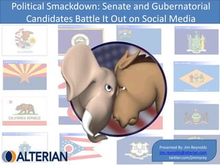 Political Smackdown: Senate and Gubernatorial Candidates Battle It Out on Social Media Presented By: Jim Reynolds jim.reynolds@alterian.com twitter.com/jimmyrey 