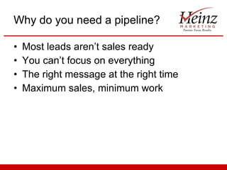 Why do you need a pipeline? Most leads aren’t sales ready You can’t focus on everything The right message at the right time Maximum sales, minimum work 