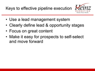 Keys to effective pipeline execution Use a lead management system Clearly define lead & opportunity stages Focus on great content Make it easy for prospects to self-select and move forward 