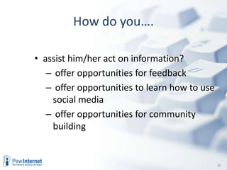 Media ecology – now (information age)Product	Route to homeDisplayLocal storage			   cable			TiVo (PVR)	VCRTV stations	   DSL			TV		Satellite radio playerInfo		   wireless/phone		radio		DVD“Daily me”  	   broadcast TV		PC		Web-based storage  content	  	   books		                iPod /MP3	server/ TiVo (PVR)Cable Nets	   broadcast radio		stereo		PCWeb sites	   satellite		monitor		web storage/serversLocal news	   mail			headphones	CD/CD-ROMContent from	   express delivery	pager	satellite player	cell phone memory   individuals	   iPod / storage		portable gamer	MP3 player / iPodPeer-to-peer	   subcarriers / WIFI	cell phone	pagers - PDAsAdvertising              newspaper delivery	non-electronic	cable boxRadio stations	 camcorder/camera	PDA/Palm	game console						game console	paperSatellite radio				e-reader / Kindle	storage sticks/disks 							e-reader/Kindle	… and this all affects social networks1) their composition2) their importance and the way people use them3) the way teachers and organizations can play a part in themAdapted from Tom Wolzien, Sanford C. Bernstein & Co10