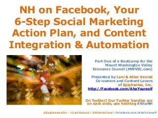 NH on Facebook, Your
6-Step Social Marketing
Action Plan, and Content
Integration & Automation
@EpiphaniesInc | @LaniVoivod | @AllenVoivod | Facebook.com/AhaYourself
Part One of a Bootcamp for the
Mount Washington Valley
Economic Council (MWVEC.com)
Presented by Lani & Allen Voivod
Co-owners and Content Lovers
of Epiphanies, Inc.
http://Facebook.com/AhaYourself
On Twitter? Our Twitter handles are
on each slide, use hashtag #AhaNH
 