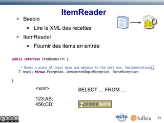 ➢

Besoin
●

➢

ItemReader

Lire le XML des recettes

ItemReader
●

Fournir des items en entrée

<xml>

SELECT … FROM ...

123;AB;
456;CD;
24

 