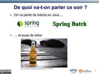 De quoi va-t-on parler ce soir ?
➢

On va parler de batchs en Java ...

Spring Batch
➢

… et aussi de bière

http://www.flickr.com/photos/fromeyetopixel/2559391584/

3

 