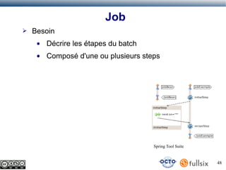 Job
➢

Besoin
●

Décrire les étapes du batch

●

Composé d'une ou plusieurs steps

Spring Tool Suite

48

 