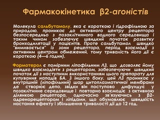 Фармакокінетика  β2-агоністів Молекуласальбутамолу, яка є короткою і гідрофільною за природою, проникає до активного центру рецептора безпосередньо з позаклітинного водного середовища і таким чином забезпечує швидкий початок розвитку бронходилятації у пацієнтів. Протесальбутамолшвидко "вимивається" іззони рецептора, періодвзаємодіїзактивним центром обмежений, тому тривалість йогодіїє короткою (4—6 годин).     Формотеролє помірним ліпофільним ЛЗ, що  дозволяє йому швидко взаємодіяти з рецептором, забезпечуючи  швидкий початок дії з наступним використанням цього препарату для купування нападів БА. З іншого боку, цей ЛЗ проникає у внутрішній (ліпофільний) шар цитоплазматичної мембрани де  створює депо, звідки він поступово  дифундує  у позаклітинне середовище і  повторно взаємодіє  з активною ділянкою рецептора, одночасно зв’язуючись з β2-адренорецептором і ліпідами, що обумовлює  швидкість настання ефекту ізбільшення тривалості дії до 12 год. 