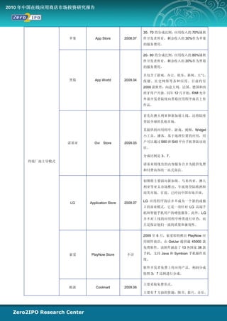 2010 年中国在线应用商店市场投资研究报告




                                                    30： 的分成比例，
                                                       70     应用收入的 70%属软
                苹果       App Store        2008.07   件开发者所有，剩余收入的 30%作为苹果
                                                    的服务费用。


                                                    20： 的分成比例，
                                                       80     应用收入的 80%属软
                                                    件开发者所有，剩余收入的 20%作为黑莓
                                                    的服务费用。

                                                    共包含了游戏、办公、娱乐、新闻、天气、
                黑莓       App World        2009.04   保健、社交网络等各种应用。目前约有
                                                    2000 款软件，向意大利、法国、德国和西
                                                    班牙用户开放。同年 12 月开始，RIM 允许
                                                    外部开发者陆续向黑莓应用程序商店上传
                                                    作品。


                                                    首先在澳大利亚和新加坡上线，还将陆续
                                                    登陆全球的其他市场。

                                                    其提供的应用程序、游戏、视频、Widget
                                                    小工具、播客、基于地理位置的应用，用

                诺基亚     Ovi   Store       2009.05   户可以通过 S60 和 S40 平台手机登陆该商
                                                    店。

                                                    分成比例是 3：7。
     终端厂商主导模式
                                                    诺基亚将现有的内容服务合并为提供免费
                                                    和付费内容的一站式商店。


                                                    初期将主要面向新加坡、马来西亚、澳大
                                                    利亚等亚太市场推出，年底将登陆欧洲和
                                                    南美市场。目前，已经向中国市场开放。

                                                    LG 应用程序商店并不成为一个新的或独
                LG    Application Store   2009.07
                                                    立的商业模式，它是一项针对 LG 高端手
                                                    机和智能手机用户的增值服务。此外，LG
                                                    并不对上线的应用程序种类进行审查，而
                                                    只是保证他们一流的质量和兼容性。


                                                    2009 年 6 月，索爱即将推出 PlayNow 应
                                                    用软件商店，由 GetJar 提供逾 45000 款
                                                    免费软件。该软件涵盖了 13 各国家 38 款

                索爱     PlayNow Store       不详       手机，支持 Java 和 Symbian 手机操作系
                                                    统。

                                                    软件开发者免费上传应用产品，利润分成
                                                    按照 3：7 比例进行分成。


                                                    主要采取免费形式。
                酷派       Coolmart         2009.06
                                                    主要有 7 方面的资源：图书、影片、音乐、
 