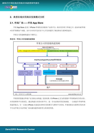 2010 年中国在线应用商店市场投资研究报告




    2. 典型在线应用商店发展模式分析

    2.1. 终端厂商——苹果 App Store
      苹果 App Store 是基于 iPhone 终端的内容服务产品的平台，将应用孕育于终端之中，进而形成“终端
    +应用”的整条产业链，为中小应用开发者及个人开发者提供了淘金移动互联网的途径。

      苹果公司的战略构建如下图所示：

    图表15 苹果公司价值链构建策略

                              苹果公司价值链构建策略
                                     服务/应用 提供平台
                            iTunes/App Store/iBooks等内容聚合平台
           早期，以Google为核心的网络应用软件合作伙伴 通过SDK和奖励计划，吸引独立开发商拓展多元化应用




                            iPod/iTouch/AppleiPhone/iPad等终端设备


                     终端渠道               无线互联网应用服务               终端应用软件下载销售



           运营商代理渠道：以独
                             Apple自     终端内置集成服务                苹果自建的应用平台
           家代理为主，特殊情况
                              有渠道
           增多代理（如意大利）


                                                   网络通路
                                              互联网/移动互联网/通信网络



                                           用户


       来源：清科研究中心 2010.08                                             www.zero2ipo.co m.cn


      苹果的价值链以终端产品为核心而构建，发展初期， iPhone 定义为价值链中苹果增加综合性内容、
                             将
    应用的销售平台的角色，通过构建自有的内容平台，进一步向前端应用层面渗透，一方面提升苹果终端
    的溢价能力，另一方面以 iPhone 为渠道内容和应用的聚合与销售平台转变，苹果的移动互联网应用/内容
    平台是苹果公司由终端厂商向服务提供商转型大的重要举措。
 