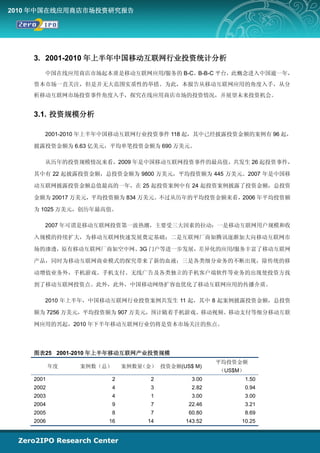 2010 年中国在线应用商店市场投资研究报告




    3. 2001-2010 年上半年中国移动互联网行业投资统计分析
       中国在线应用商店市场起本质是移动互联网应用/服务的 B-C、B-B-C 平台，此概念进入中国逾一年，
    资本市场一直关注，但是并无大范围实质性的举措。为此，本报告从移动互联网应用的角度入手，从分
    析移动互联网市场投资事件角度入手，探究在线应用商店市场的投资情况，并展望未来投资机会。


    3.1. 投资规模分析

       2001-2010 年上半年中国移动互联网行业投资事件 118 起，其中已经披露投资金额的案例有 96 起，

    披露投资金额为 6.63 亿美元，平均单笔投资金额为 690 万美元。

       从历年的投资规模情况来看，2009 年是中国移动互联网投资事件的最高值，共发生 26 起投资事件，

    其中有 22 起披露投资金额，总投资金额为 9800 万美元，平均投资额为 445 万美元。2007 年是中国移

    动互联网披露投资金额总值最高的一年，在 25 起投资案例中有 24 起投资案例披露了投资金额，总投资

    金额为 20017 万美元，平均投资额为 834 万美元。不过从历年的平均投资金额来看，2006 年平均投资额

    为 1025 万美元，创历年最高值。

       2007 年可谓是移动互联网投资第一波热潮，主要受三大因素的拉动：一是移动互联网用户规模和收

    入规模的持续扩大，为移动互联网快速发展奠定基础；二是互联网厂商如腾讯逐渐加大向移动互联网市

    场的渗透，原有移动互联网厂商如空中网、3G 门户等进一步发展，差异化的应用/服务丰富了移动互联网

    产品，同时为移动互联网商业模式的探究带来了新的血液；三是各类细分业务的不断出现，除传统的移

    动增值业务外，手机游戏、手机支付、无线广告及各类独立的手机客户端软件等业务的出现使投资方找

    到了移动互联网投资点。此外，此外，中国移动网络扩容也优化了移动互联网应用的传播介质。

       2010 年上半年，中国移动互联网行业投资案例共发生 11 起，其中 8 起案例披露投资金额，总投资

    额为 7256 万美元，平均投资额为 907 万美元，预计随着手机游戏、移动视频、移动支付等细分移动互联

    网应用的兴起，2010 年下半年移动互联网行业仍将是资本市场关注的焦点。




    图表25 2001-2010 年上半年移动互联网产业投资规模
                                                  平均投资金额
           年度   案例数（总）    案例数量（金） 投资金额(US$ M)
                                                  （US$M）
    2001              2          2         3.00            1.50
    2002              4          3         2.82            0.94
    2003              4          1         3.00            3.00
    2004              9          7        22.46            3.21
    2005              8          7        60.80            8.69
    2006             16         14       143.52        10.25
 