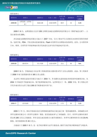2010 年中国在线应用商店市场投资研究报告




    投资案例六
                                             运营主体          投资金额
    投资时间        投资方      被投资方       行业（二级）          投资轮次
                                             所在地           （US$M）
              永辉创投（永辉瑞
    2009-08              袖意无限       无线互联网     陕西     A      0.29
                 金）



       2009 年 8 月，永辉创投以人民币 200 万增资先袖意无限数码科技有限公司（简称“袖意无线”），占
    其注册资本的 35%。

       西安袖意无限数码科技有限公司成立于 2007 年初，专注于移动平台大的娱乐内容和应用程序的研
    发，包括手机、PDA、手持式移动设备的游戏、Flash 应用程序以及增值业务的研发。此外，公司曾经和
    日本、韩国、台湾等多个国家和地区的开发商进行过多年的手机游戏开发合作。




    投资案例七
                                             运营主体          投资金额
    投资时间        投资方      被投资方       行业（二级）          投资轮次
                                             所在地           （US$M）

    2009-09     德同资本     掌上明珠       无线互联网     北京     B      N/A




       2009 年 9 月，手机游戏公司北京掌上明珠获得来自德同资本等千万美元的投资。此前，掌上明珠曾
    于 2006 年 6 月获得德同资本 300 万美元投资。

       北京掌上明珠信息技术有限公司成立于 2003 年，作为拥有先进资深技术背景的外商独资企业，从
    2004 年开始进军手机游戏行业，集手机网络游戏开发、运营和发行于一体。2009 年初，掌上明珠已经
    开发并成功发行运营了超过 200 款手机游戏及应用产品。




    投资案例八
                                             运营主体          投资金额
    投资时间        投资方      被投资方       行业（二级）          投资轮次
                                             所在地           （US$M）

    2009-11     晨兴创投       百阅       无线互联网     江苏     B      3.25




       2009 年 11 月，国内手机阅读及社交网络服务提供商百阅完成了新一轮的战略投资，该轮融资由世
    界华文媒体有限公司（世界华文媒体）领投，晨兴创投业参与了本轮融资。其中，世界华文媒体有条件
    的认购 280 万美元百阅股份，所有交易完成及创始人行驶全部股权后，世界华文媒体将持有百阅 25.4%
    股权，晨兴创投则出资 45 万美元。

       百阅成立于 2005 年 8 月，是一家手机多媒体互动平台服务商，拥有“百阅手机多媒体阅读”专利技术，
 