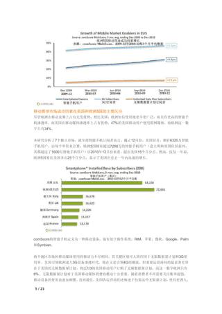 移动媒体市场成功因素在美国和欧洲5国的主要区分
尽管欧洲在移动竞赛上占有先发优势，相比美国，欧洲短信使用地更早更广泛，而且有更高的智能手
机渗透率。而美国在移动媒体渗透率上占有优势，47%的美国移动用户使用联网媒体，而欧洲这一数
字只有34%。


本研究分析了7个独立市场，就全部智能手机订阅者而言，截止12月份，美国居首，拥有6320万智能
手机用户。以每个单位来计算，欧洲5国拥有超过7260万的智能手机用户（意大利和英国位居前列，
其都超过了1600万智能手机用户）以2010年12月份来看，超出美国15个百分点。然而，仅仅一年前，
欧洲5国要比美国多出25个百分点，显示了美国在过去一年内高速的增长。




comScore将智能手机定义为一种移动设备，装有如下操作系统：RIM，苹果，微软，Google，Palm
和Symbian。


两个地区市场间移动媒体使用的驱动力不尽相同，其关键区别可大致归因于无限数据量计划和3G使
用率。美国引领欧洲进入3G设备渗透时代，现在又是引领4G的潮流，但重要运营商间的最显著差异
在于美国的无限数据量计划。将近1/3的美国移动用户订购了无限数据量计划，而这一数字欧洲只有
8%。无限数据量计划对于美国移动媒体消费的推动十分重要，随着消费者不再需要关注账单超值，
移动设备的使用也愈加频繁。直到最近，美国各运营商们还痴迷于包装这些无限量计划，使其更诱人。

5 / 23
 