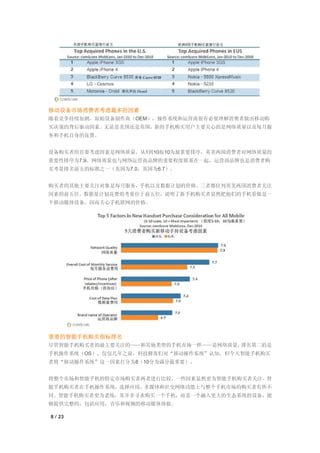 移动设备市场消费者考虑最多的因素
随着竞争持续加剧，原始设备制作商（OEM），操作系统和运营商很有必要理解消费者做出移动购
买决策的背后驱动因素。无论是美国还是英国，新的手机购买用户主要关心的是网络质量以及每月服
务和手机自身的花费。


设备购买者的首要考虑因素是网络质量。从1到10按10为最重要排序，英美两国消费者对网络质量的
重要性排序为7.9。网络质量也与网络运营商品牌的重要程度联系在一起，运营商品牌也是消费者购
买考量排名前五的标准之一（美国为7.0，英国为6.7）。


购买者的其他主要关注对象是每月服务，手机以及数据计划的价格，三者都位列英美两国消费者关注
因素的前五位。数据量计划花费的考量位于前五位，说明了新手机购买者显然把他们的手机看做是一
个移动媒体设备，因而关心手机联网的价格。




重要的智能手机购买指标排名
尽管智能手机购买者的最主要关注的——和其他类型的手机市场一样——是网络质量，排名第二的是
手机操作系统（OS）、仅仅几年之前，科技极客们对“移动操作系统”认知，但今天智能手机购买
者将“移动操作系统”这一因素打分为8（10分为满分最重要）。


将整个市场和智能手机的特定市场购买者两者进行比较，一些因素显然更为智能手机购买者关注。智
能手机购买者在手机操作系统，选择应用，多媒体和社交网络功能上与整个手机市场的购买者有所不
同。智能手机购买者更为老练，其并非寻求购买一个手机，而是一个融入更大的生态系统的设备，能
够提供完整的，包括应用，音乐和视频的移动媒体体验。

8 / 23
 