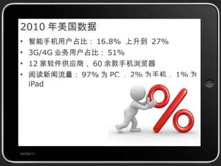 2010 年美国数据 智能手机用户占比： 16.8%  上升到  27% 3G/4G 业务用户占比： 51% 12 家软件供应商， 60 余款手机浏览器 阅读新闻流量： 97% 为 PC ， 2% 为手机， 1% 为 iPad 04/04/11 