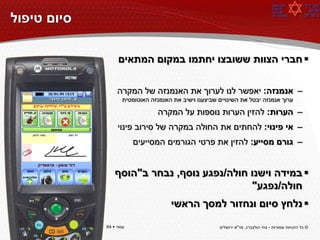 ‫סיום טיפול‬

                  ‫‪ ‬חברי הצוות ששובצו יחתמו במקום המתאים‬

                  ‫– אנמנזה: יאפשר לנו לערוך את האנמנזה של המקרה‬
                    ‫ערוך אנמנזה יבטל את השינויים שביצענו וישיב את האנמנזה האוטומטית‬

                                 ‫– הערות: להזין הערות נוספות על המקרה‬
                  ‫– אי פינוי: להחתים את החולה במקרה של סירוב פינוי‬
                         ‫– גורם מסייע: להזין את פרטי הגורמים המסייעים‬


                 ‫‪ ‬במידה וישנו חולה/נפגע נוסף, נבחר ב"הוסף‬
                                             ‫חולה/נפגע"‬
                                      ‫‪ ‬נלחץ סיום ונחזור למסך הראשי‬

‫עמוד ‪64 ‬‬    ‫עמוד ‪64 ‬‬                                 ‫© כל הזכויות שמורות - צחי הולצברג, מד"א ירושלים‬
 