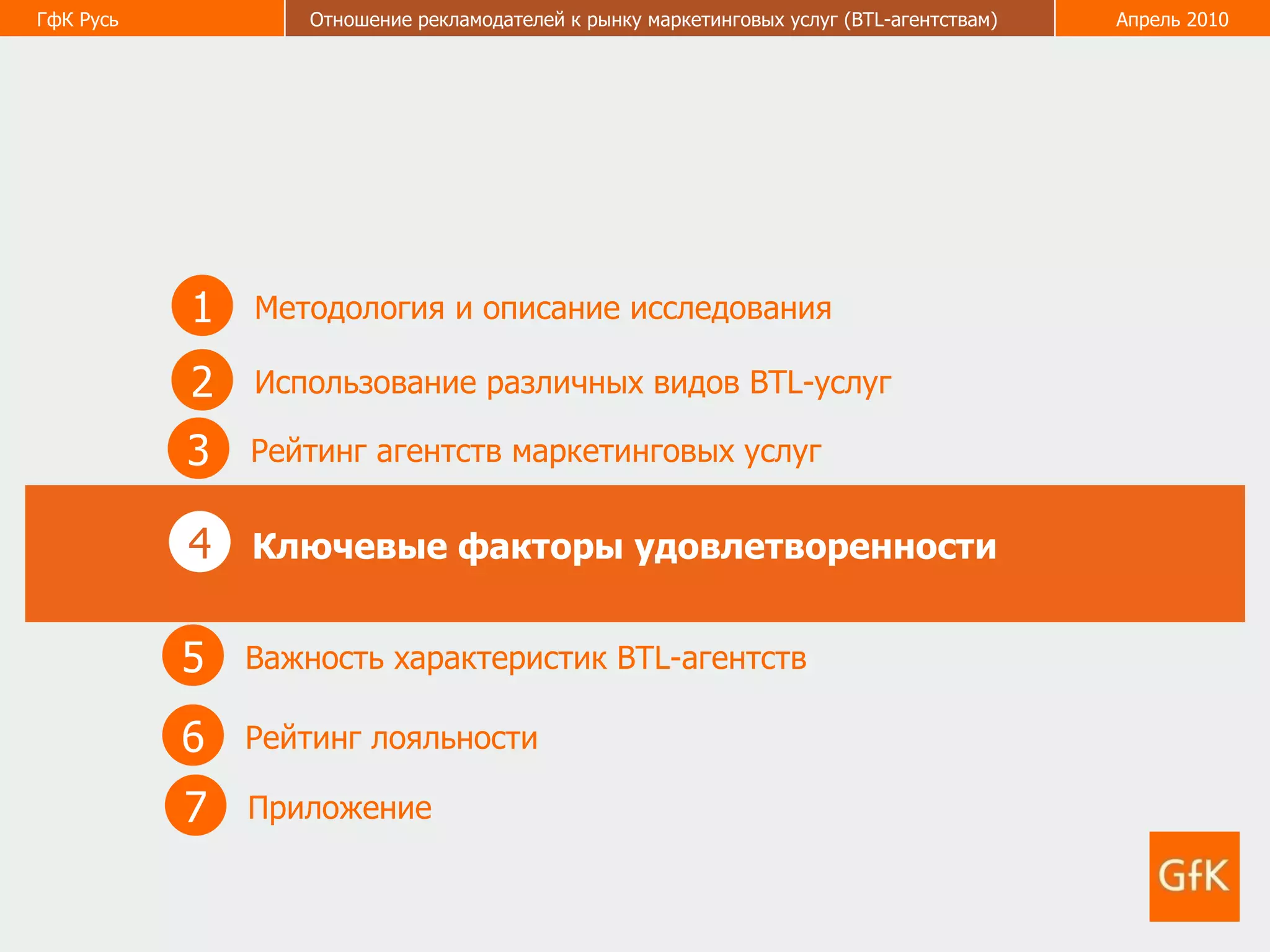 1 Методология и описание исследования 2 Использование различных видов  BTL- услуг 3 Рейтинг агентств маркетинговых услуг 5 Важность характеристик  BTL -агентств  6 Рейтинг лояльности  4 Ключевые факторы удовлетворенности   7 Приложение  