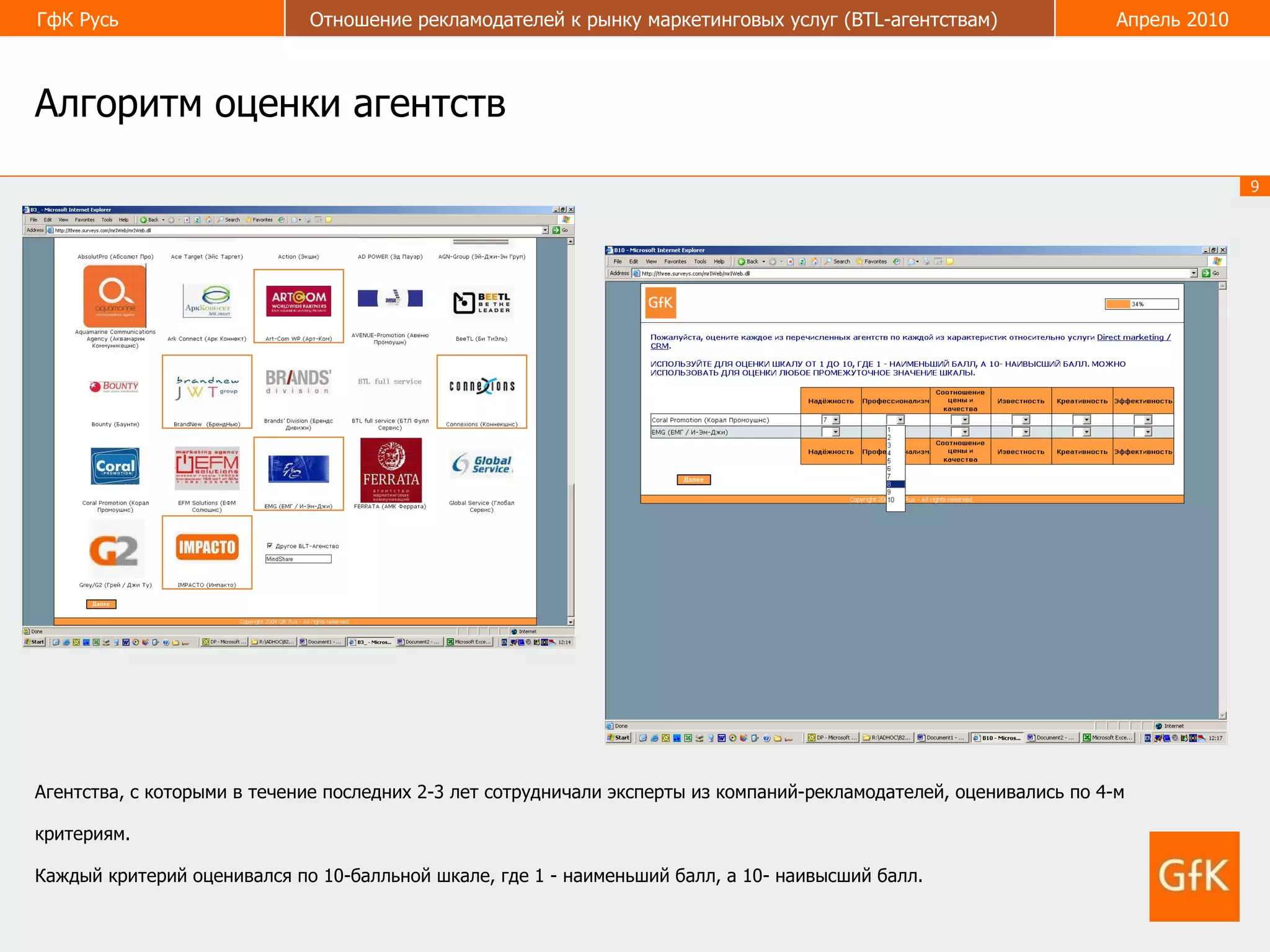 Алгоритм оценки агентств Агентства, с которыми в течение последних 2-3 лет сотрудничали эксперты из компаний-рекламодателей, оценивались по 4-м критериям. Каждый критерий оценивался по 10-балльной шкале, где 1 - наименьший балл, а 10- наивысший балл. 