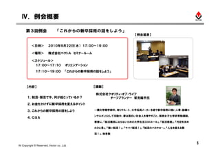 Ⅳ．例会概要

      第３回例会                     「これからの新卒採用の話をしよう」
                                                                       【例会風景】


           ＜日時＞          ２０１０年９月２２日（水） １７：００～１９：００

           ＜場所＞          株式会社ベクトル セミナールーム

           ＜スケジュール＞
            １７：００～１７：１０                 オリエンテーション
               １７：１０～１９：００              「これからの新卒採用の話をしよう」



       【内容】                                         【講師】

                                                    株式会社クオリティ・オブ・ライフ
       １．就活・採活で今、何が起こっているか？                              チーフプランナー 常見陽平氏
       ２．お金をかけずに新卒採用を変えるポイント

       ３．これからの新卒採用の話をしよう                            一橋大学商学部卒。㈱リクルート、大手玩具メーカーを経て新卒採用に強い人事・組織コ

                                                    ンサルタントとして活動中。夢は面白い社会人を増やすこと。実践女子大学非常勤講師。
       ４．Ｑ＆Ａ
                                                    著書に、『就活難民にならないための大学生活30のルール』、『就活格差』、『内定を決め

                                                    たひと言』、『強い就活！』、『ヤバイ就活！』、『就活のバカヤロー』、『人生を変える朝

                                                    活！』、他多数


                                                                                                 5
All Copyright © Reserved, Vector co. ,Ltd.
 