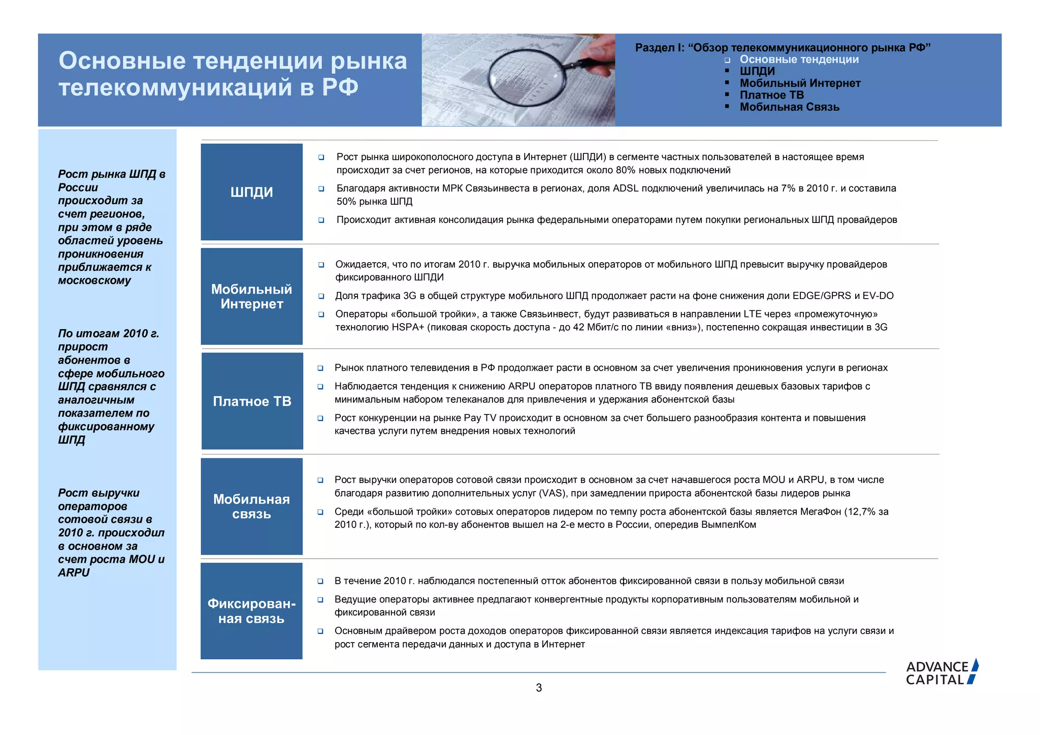 Раздел I: “Обзор телекоммуникационного рынка РФ”
Основные тенденции рынка                                                                                           Основные тенденции
                                                                                                                   ШПДИ
                                                                                                                   Мобильный Интернет
телекоммуникаций в РФ                                                                                              Платное ТВ
                                                                                                                   Мобильная Связь


                                      Рост рынка широкополосного доступа в Интернет (ШПДИ) в сегменте частных пользователей в настоящее время
Рост рынка ШПД в                       происходит за счет регионов, на которые приходится около 80% новых подключений
России                                Благодаря активности МРК Связьинвеста в регионах, доля ADSL подключений увеличилась на 7% в 2010 г. и составила
                       ШПДИ
происходит за                          50% рынка ШПД
счет регионов,                        Происходит активная консолидация рынка федеральными операторами путем покупки региональных ШПД провайдеров
при этом в ряде
областей уровень
проникновения
приближается к                        Ожидается, что по итогам 2010 г. выручка мобильных операторов от мобильного ШПД превысит выручку провайдеров
московскому                            фиксированного ШПДИ
                     Мобильный        Доля трафика 3G в общей структуре мобильного ШПД продолжает расти на фоне снижения доли EDGE/GPRS и EV-DO
                      Интернет
                                      Операторы «большой тройки», а также Связьинвест, будут развиваться в направлении LTE через «промежуточную»
                                       технологию HSPA+ (пиковая скорость доступа - до 42 Мбит/c по линии «вниз»), постепенно сокращая инвестиции в 3G
По итогам 2010 г.
прирост
абонентов в
                                      Рынок платного телевидения в РФ продолжает расти в основном за счет увеличения проникновения услуги в регионах
сфере мобильного
ШПД сравнялся с                       Наблюдается тенденция к снижению ARPU операторов платного ТВ ввиду появления дешевых базовых тарифов с
аналогичным          Платное ТВ        минимальным набором телеканалов для привлечения и удержания абонентской базы
показателем по                        Рост конкуренции на рынке Pay TV происходит в основном за счет большего разнообразия контента и повышения
фиксированному                         качества услуги путем внедрения новых технологий
ШПД


                                      Рост выручки операторов сотовой связи происходит в основном за счет начавшегося роста MOU и ARPU, в том числе
Рост выручки                           благодаря развитию дополнительных услуг (VAS), при замедлении прироста абонентской базы лидеров рынка
операторов
                     Мобильная
                       связь          Среди «большой тройки» сотовых операторов лидером по темпу роста абонентской базы является МегаФон (12,7% за
сотовой связи в                        2010 г.), который по кол-ву абонентов вышел на 2-е место в России, опередив ВымпелКом
2010 г. происходил
в основном за
счет роста MOU и
ARPU
                                      В течение 2010 г. наблюдался постепенный отток абонентов фиксированной связи в пользу мобильной связи
                                      Ведущие операторы активнее предлагают конвергентные продукты корпоративным пользователям мобильной и
                     Фиксирован-
                                       фиксированной связи
                      ная связь
                                      Основным драйвером роста доходов операторов фиксированной связи является индексация тарифов на услуги связи и
                                       рост сегмента передачи данных и доступа в Интернет



                                                                               3
 