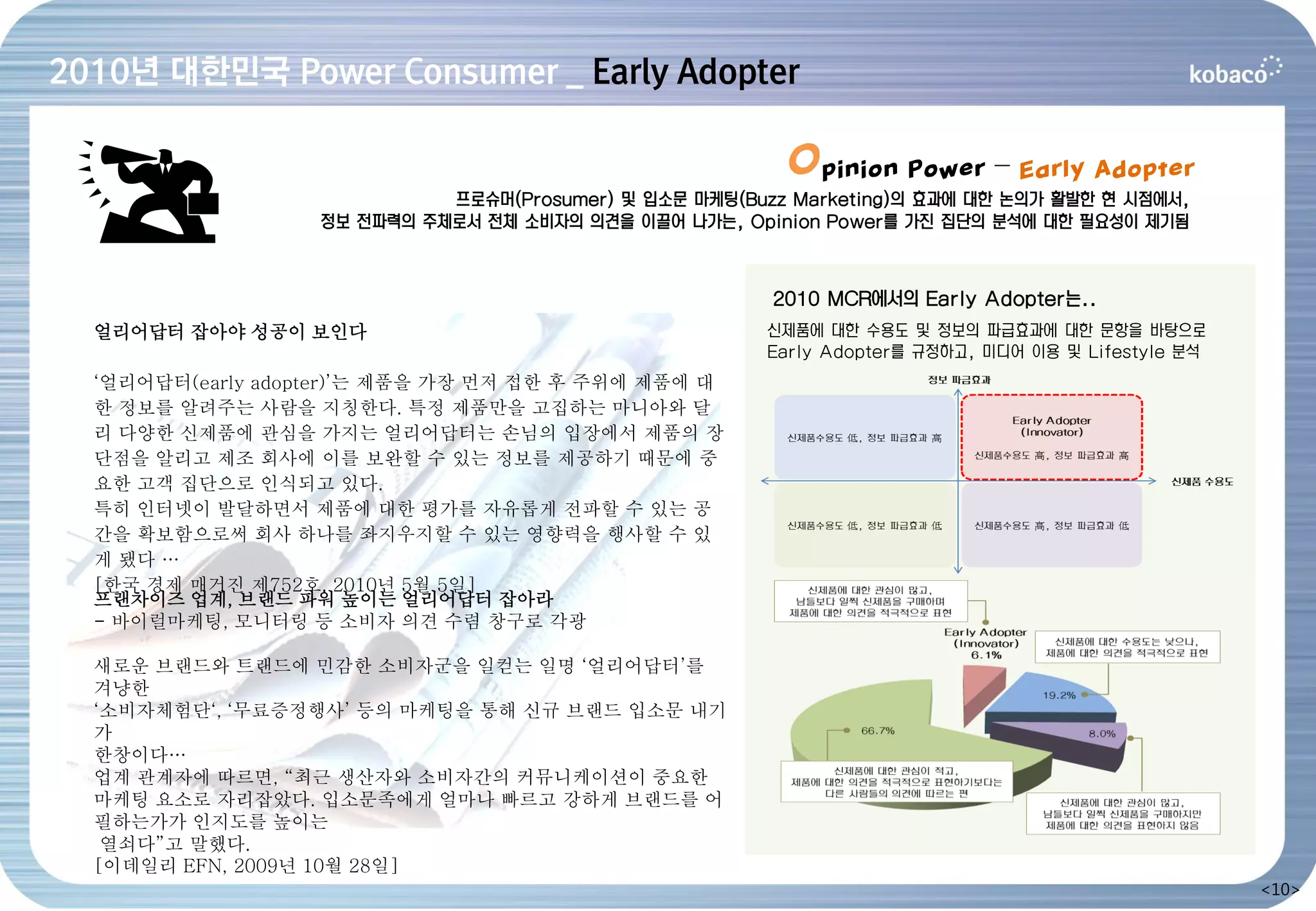 2010년 대한민국 Power Consumer _ Early Adopter

                                                          Opinion Power – Early Adopter
                             프로슈머(Prosumer) 및 입소문 마케팅(Buzz Marketing)의 효과에 대한 논의가 활발한 현 시점에서,
                   정보 전파력의 주체로서 전체 소비자의 의견을 이끌어 나가는, Opinion Power를 가진 집단의 분석에 대한 필요성이 제기됨



                                                         2010 MCR에서의 Early Adopter는..
  얼리어답터 잡아야 성공이 보인다                                      신제품에 대한 수용도 및 정보의 파급효과에 대한 문항을 바탕으로
                                                         Early Adopter를 규정하고, 미디어 이용 및 Lifestyle 분석
  ‘얼리어답터(early adopter)’는 제품을 가장 먼저 접한 후 주위에 제품에 대
  한 정보를 알려주는 사람을 지칭한다. 특정 제품만을 고집하는 마니아와 달
  리 다양한 신제품에 관심을 가지는 얼리어답터는 손님의 입장에서 제품의 장
  단점을 알리고 제조 회사에 이를 보완할 수 있는 정보를 제공하기 때문에 중
  요한 고객 집단으로 인식되고 있다.
  특히 인터넷이 발달하면서 제품에 대한 평가를 자유롭게 전파할 수 있는 공
  간을 확보함으로써 회사 하나를 좌지우지할 수 있는 영향력을 행사할 수 있
  게 됐다 …
  [한국 경제 매거진 제752호. 2010년 5월 5일]
  프랜차이즈 업계, 브랜드 파워 높이는 얼리어답터 잡아라
  - 바이럴마케팅, 모니터링 등 소비자 의견 수렴 창구로 각광

  새로운 브랜드와 트랜드에 민감한 소비자군을 일컫는 일명 ‘얼리어답터’를
  겨냥한
  ‘소비자체험단‘, ‘무료증정행사’ 등의 마케팅을 통해 신규 브랜드 입소문 내기
  가
  한창이다…
  업계 관계자에 따르면, “최근 생산자와 소비자간의 커뮤니케이션이 중요한
  마케팅 요소로 자리잡았다. 입소문족에게 얼마나 빠르고 강하게 브랜드를 어
  필하는가가 인지도를 높이는
   열쇠다”고 말했다.
  [이데일리 EFN, 2009년 10월 28일]
                                                                                                      <10>
 