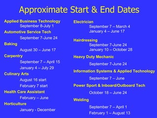 Approximate Start & End Dates Applied Business Technology September 8-July 1 Automotive Service Tech September 7-June 24 Baking August 30 – June 17 Carpentry September 7 – April 15  January 4 – July 29 Culinary Arts August 16 start February 7 start Health Care Assistant February – June Horticulture January - December Electrician September 7 – March 4 January 4 – June 17 Hairdressing September 7-June 24 January 10 – October 28 Heavy Duty Mechanic September 7-June 24 Information Systems & Applied Technology September 7 – June  Power Sport & Inboard/Outboard Tech October 18 – June 24 Welding September 7 – April 1 February 1 – August 13 